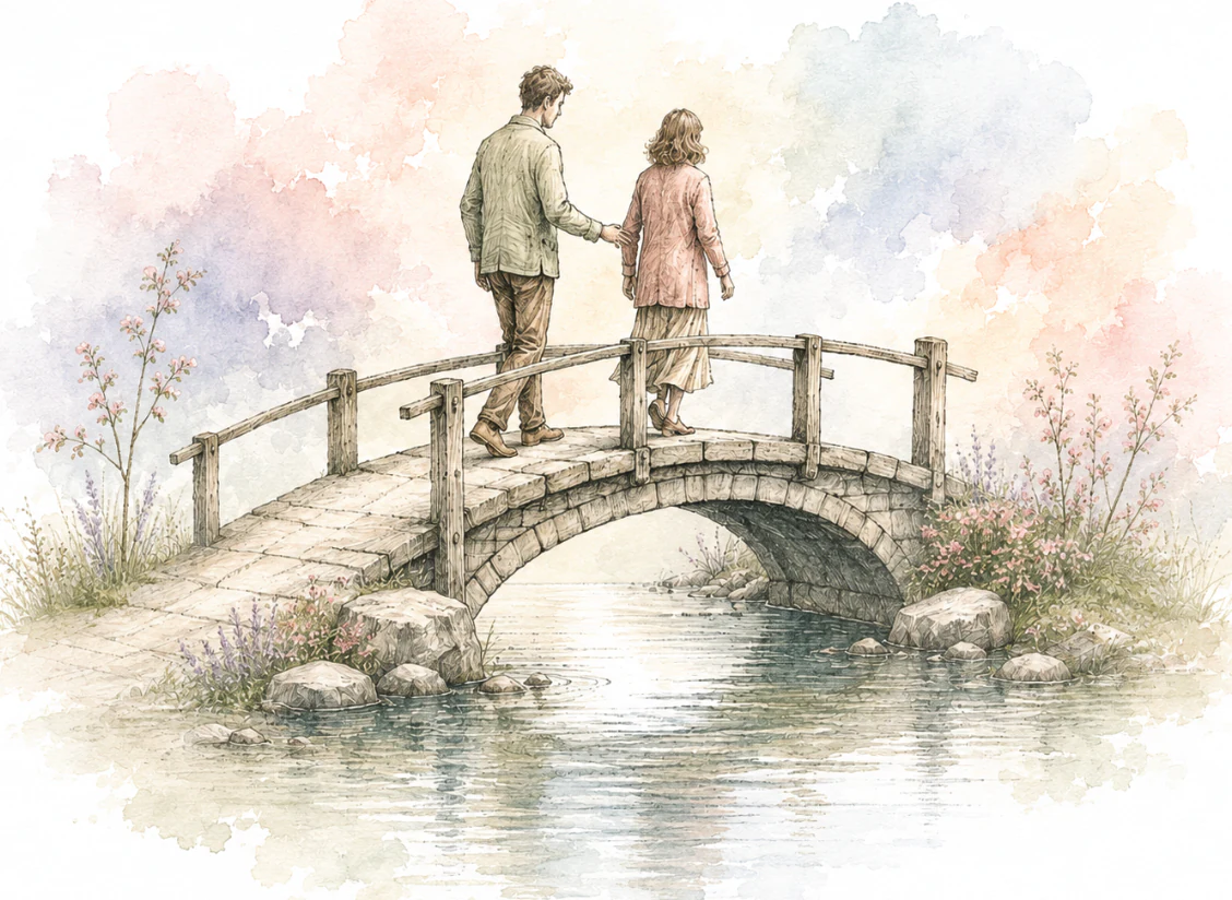 Casal atravessando uma ponte em aquarela